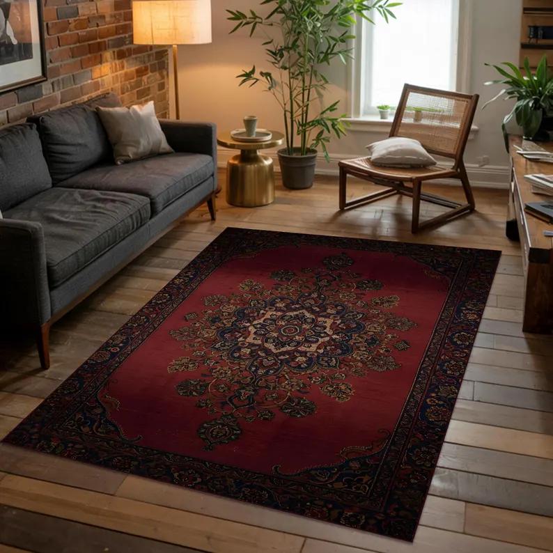 Alfombra Persa Roja Clásica Alfombra Tradicional con Medallón Decoración de Salón Estilo Vintage Alfombra Lavable Alfombras Antideslizantes Decoración Retro
