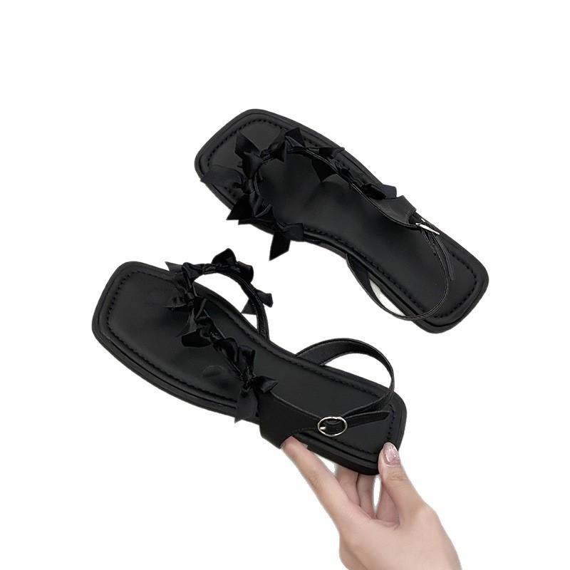 Version papillon~ Sandales plates féeriques à nœud pour femme, boucle à un mot, bout carré, chaussures à jupe