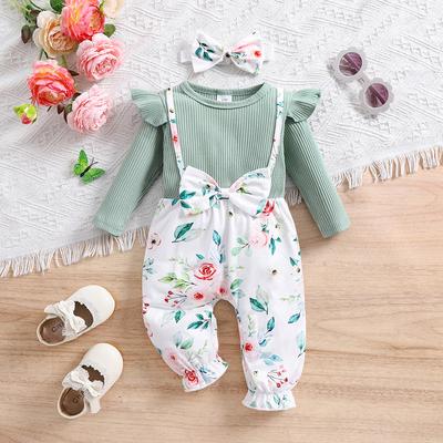 Baby Girl Ruffle Sleeve Romper Bodysuit Floral Bowknot Jumpsuit One-Pieces Outfit Set