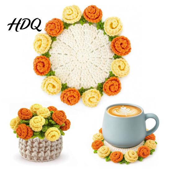 Handmade Cotton Drink Mats Crochet Flower Bouquet Coaster Knit Rose Mug Mat Transforms Into Bouquet 2-in-1 Coffee Nook Table Ornament Coaster