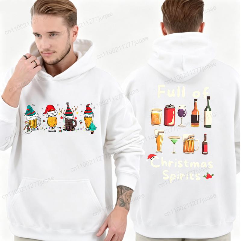 Men Women Funny Full of Christmas Spirits Print Hoodies Beer Wine Graphic Sweatshirts Xmas Holiday Party Hoodies Christmas Gift