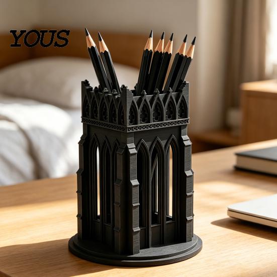 Medieval Style Pencil Holder Gothic Pen Holder, Cathedral Makeup Brush 3D Printed Church Architecture Desk Organizer Organizer, Vanity Storage Cup for