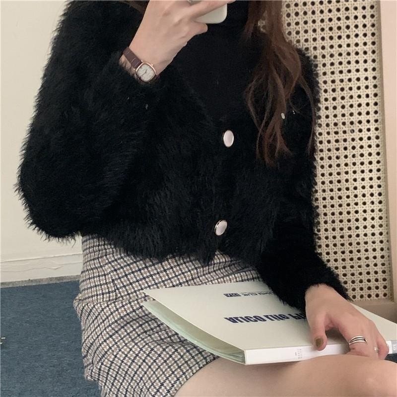 Spring Autumn Women V-neck Imitation Mink Fur Soft Mohair Knitted Sweater Cardigan Coat Short Top