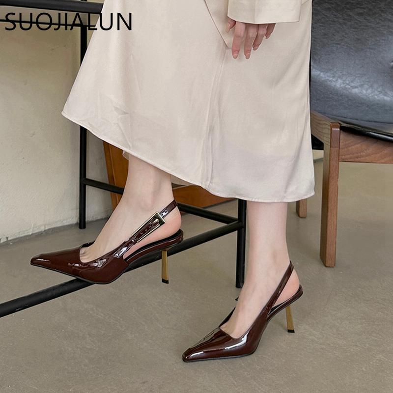 Fashion SUOJIALUN 2024 Spring New Band Women Pumps Shoes Fashion Shallow Slip On Slingback Sandals Thin High Heel Dress Sexy Pumps Shoes