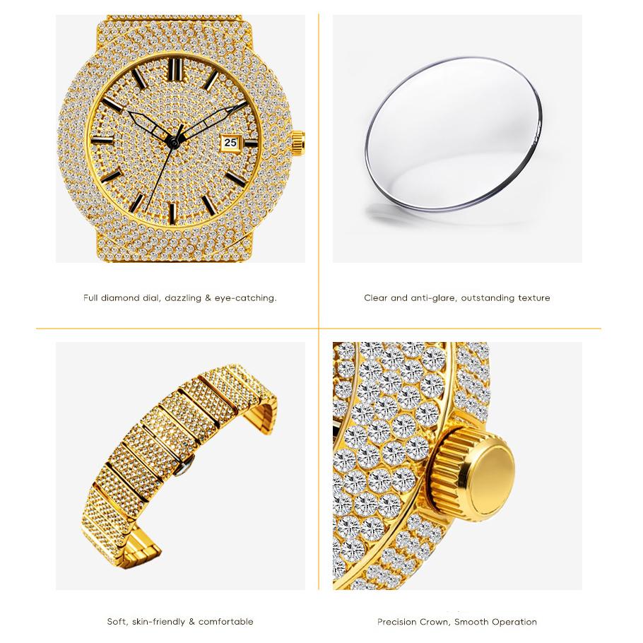 Damen Strass Uhren Hip Hop Stil Diamantbesetzte Quarz Armbanduhr Wasserdichte Schmuckuhr für Sie