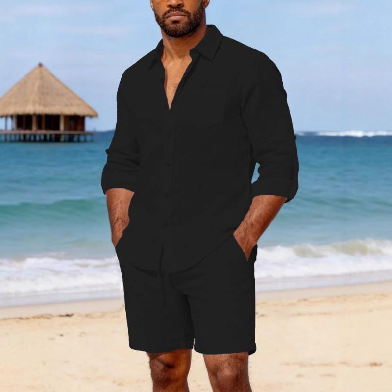 Mens Casual Solid Color Linen Button Down Shirt And Shorts Set