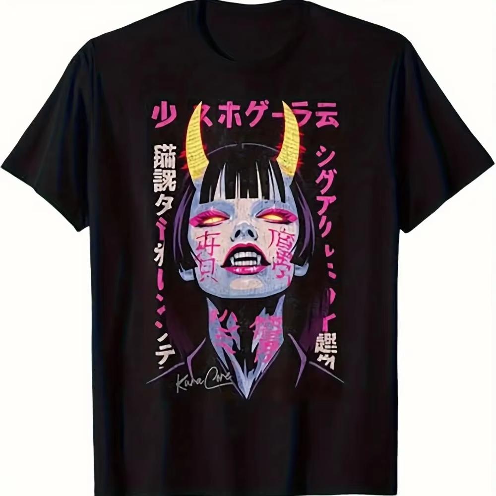 

Men s Cyberpunk Anime Manga T-Shirt Japanese Streetwear Style Neon Graphic Tee with Edgy Manga Breathable Casual Wear Suitabl... 5XL різнокольоровий