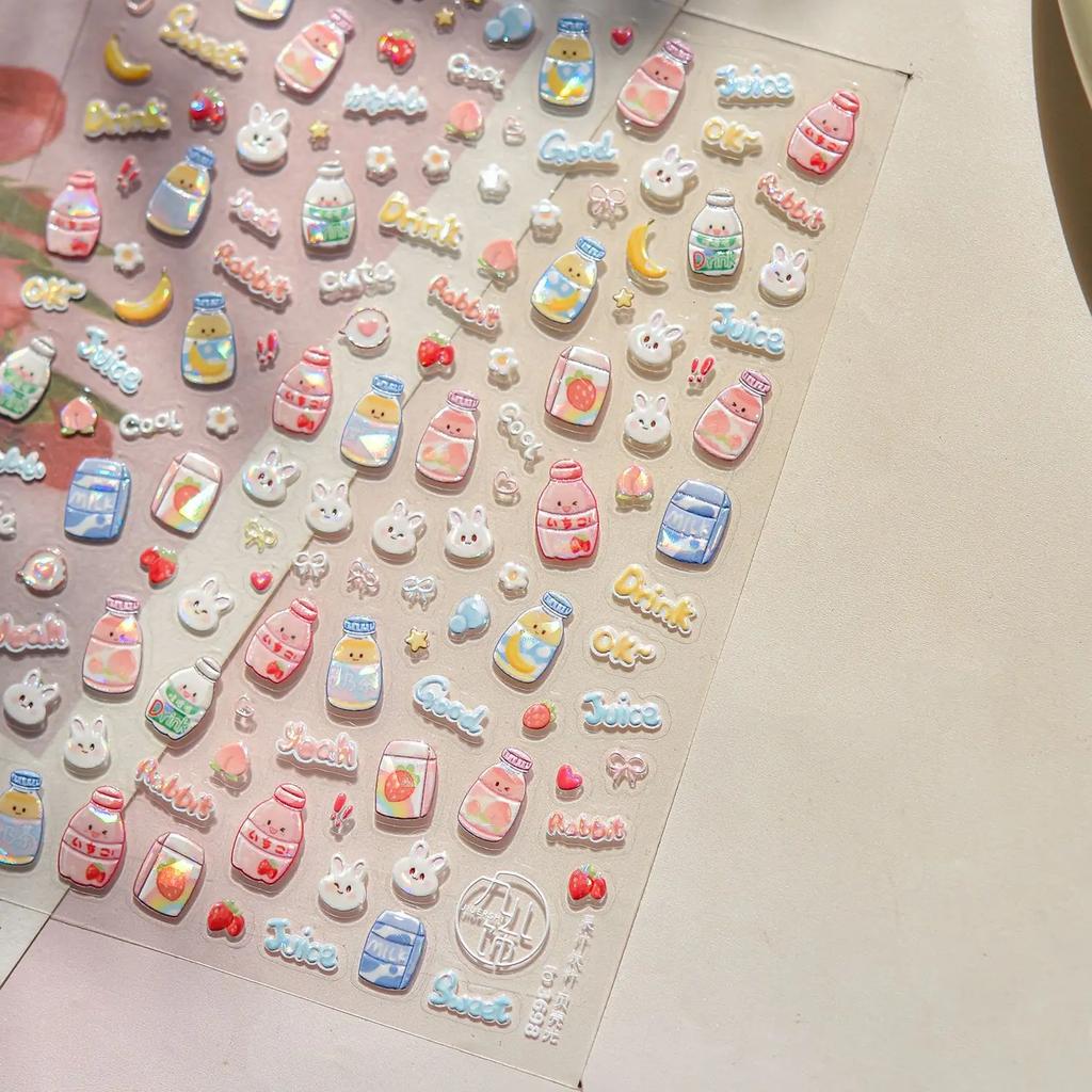 Cute Animal Face 5D Nail Art Stickers Cartoon Cat Bunny Dog Mouse Expressions Simple Self Adhesive Manicure Decal DIY
