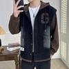 Denim Jacket Men's Autumn and Winter Teenage Students Daily Casual Denim Fake Two-piece Hooded Jacket Plus Velvet