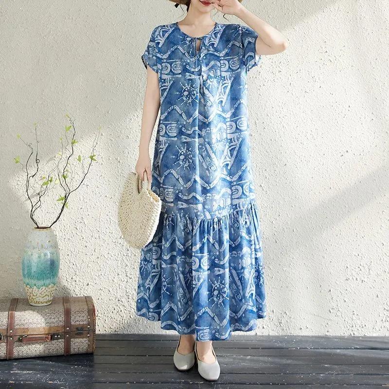 Dress for Woman Cotton Summer Plus Size Loose Floral Vintage Casual Printed Soft Long Holiday Dresses