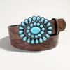 Boho Belt Rose Flower Carved Pattern Faux Turquoise Decor Vintage Western Belt Snap Button Imitation Leather Waistband