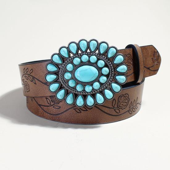 Boho Belt Rose Flower Carved Pattern Faux Turquoise Decor Vintage Western Belt Snap Button Imitation Leather Waistband