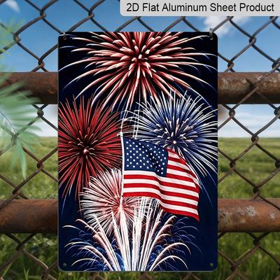 2D Flat "God Bless America" Patriotic Metal Sign, 8×12 Inch Aluminum Wall Art, American Flags & Fireworks Design, Durable Decor for Memorial Day