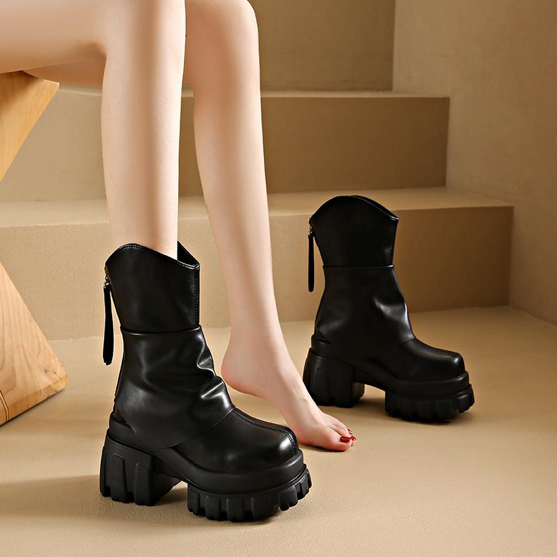 Mode 9 cm Hoher Absatz Plateau Stiefeletten für Damen 2024 Neue Mode Kurzes PU-Leder Boost in Schwarz