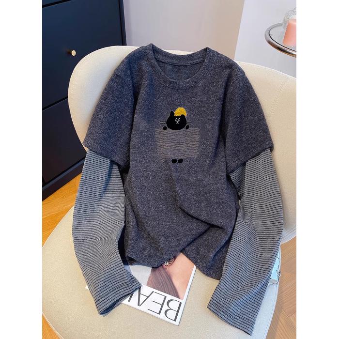 Plus Size Thick Velvet Two-Piece Look T-Shirt, European Style, Casual Black & Gray, Luxurious Feel. 3XL