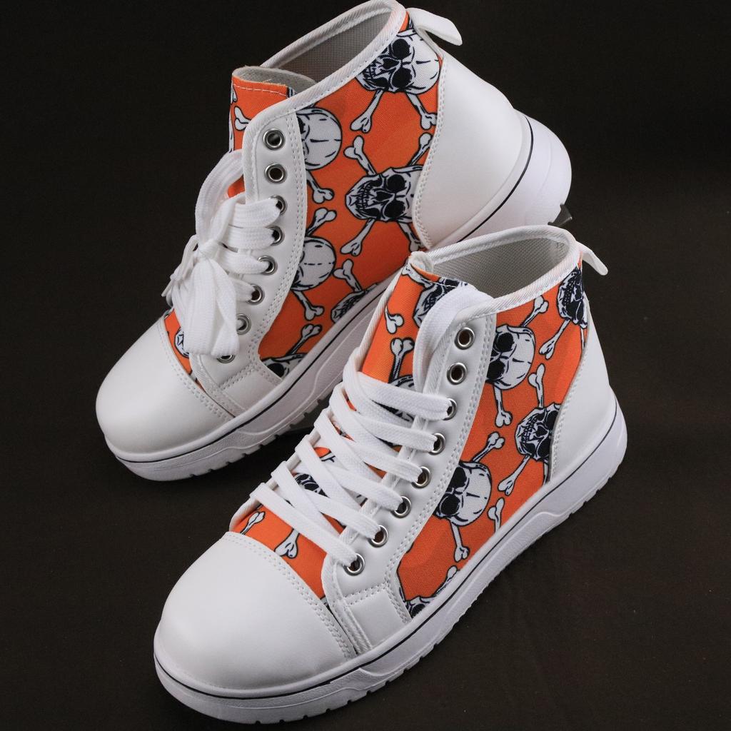 Large Size Halloween Skull Bone 3D Printing High Top Lace-up Casual Canvas Shoes Flat Baseplate Shoes Women