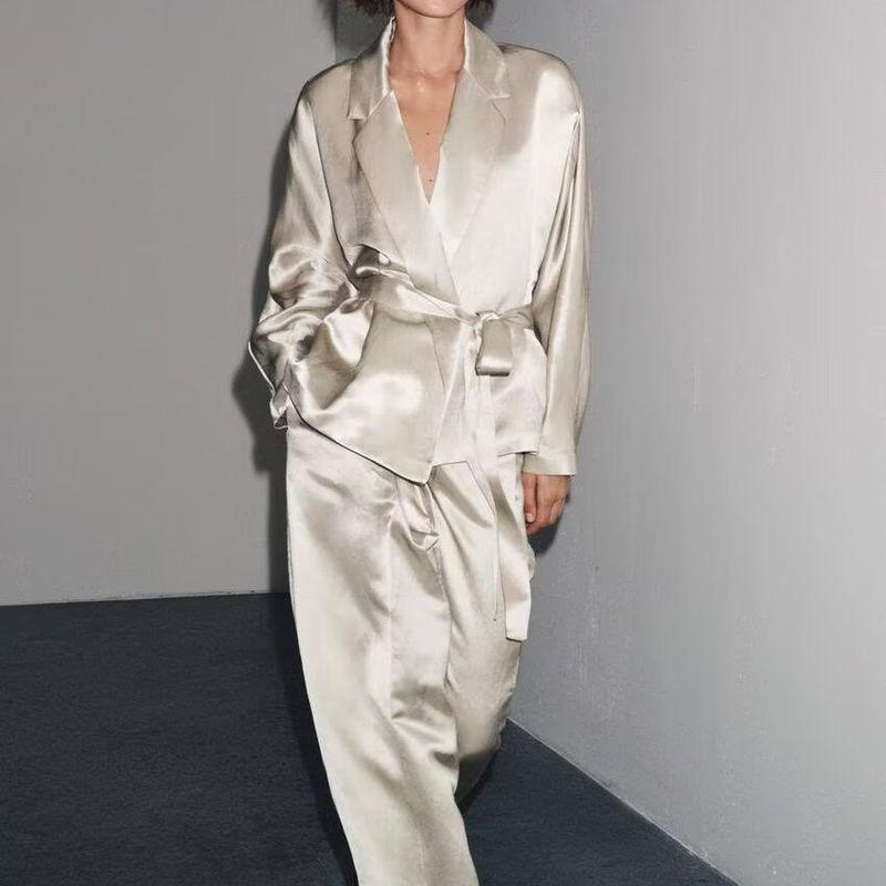 Zbzr Autumn New Women Clothes Fashion Silk Satin Texture Blazers Pleated Pants 8408676 8356676