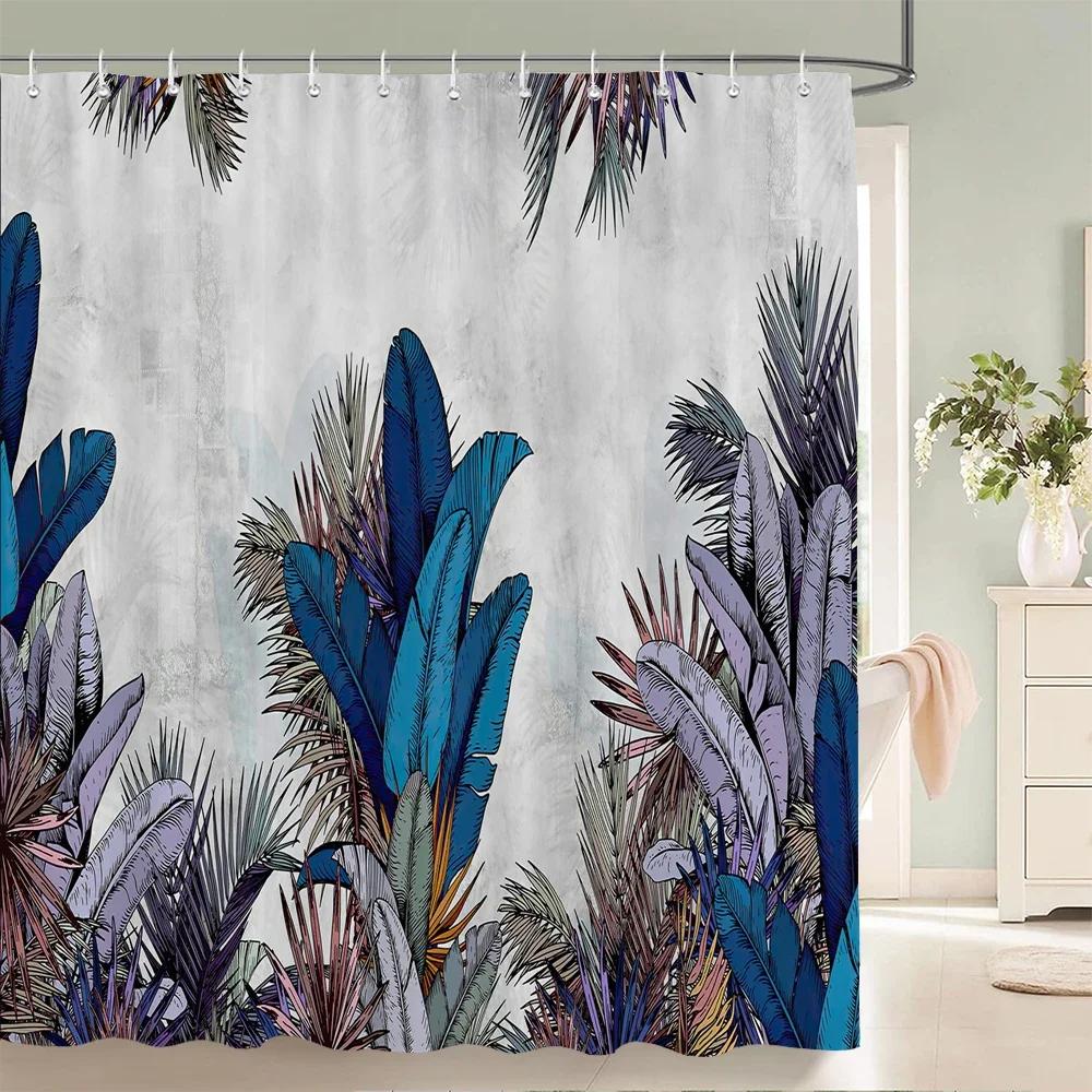 Dunika Chen Bathroom Decoration Shower Curtain Tropical Plant Leaf Palm Tree 3D Printing Waterproof Fabric Shower Curtains With 12 Hooks