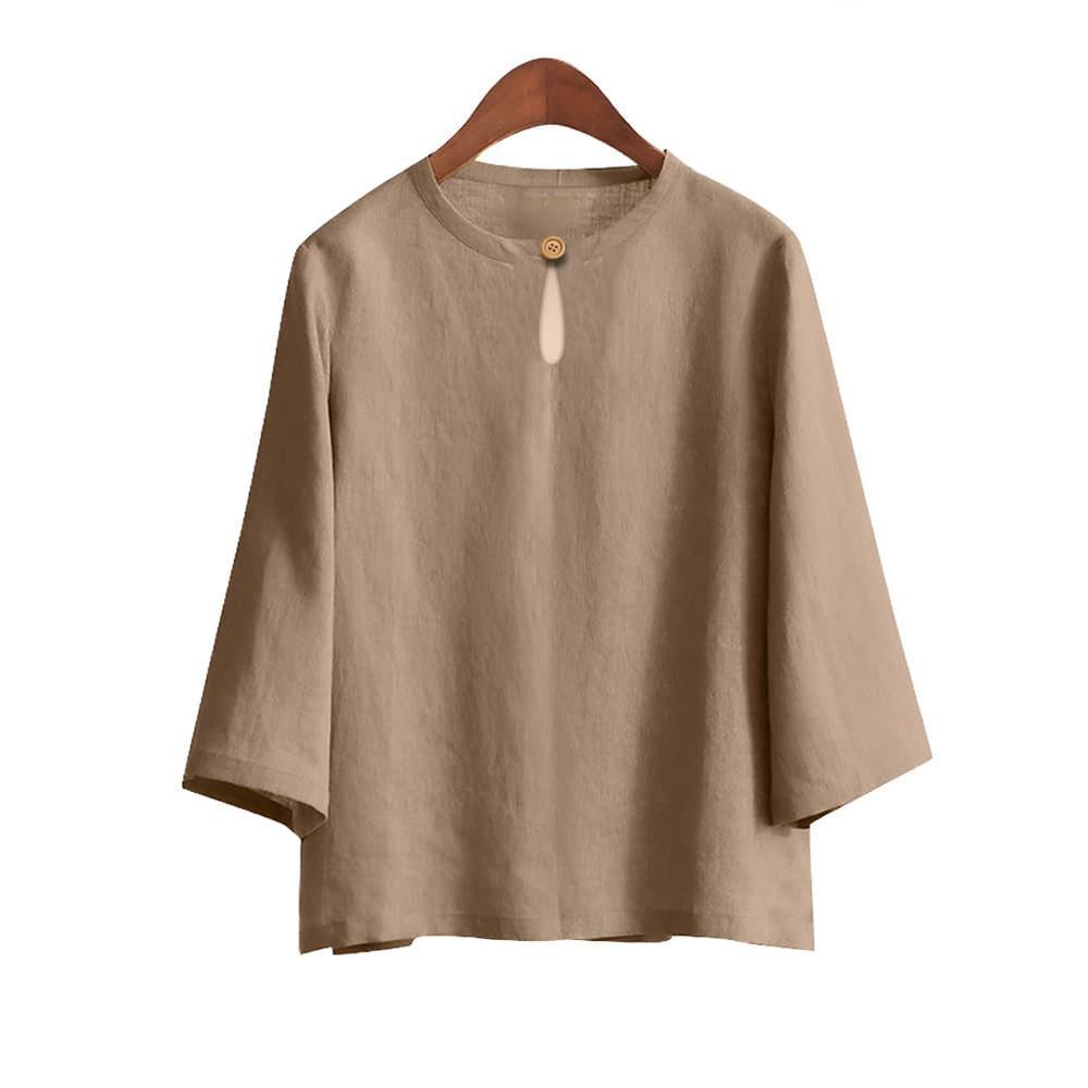 Vintage Casual Blouse, For Women, Elastic Hemp, Floral Print, Round Neck, Three-Quarter Sleeves, Elegant Loose Top