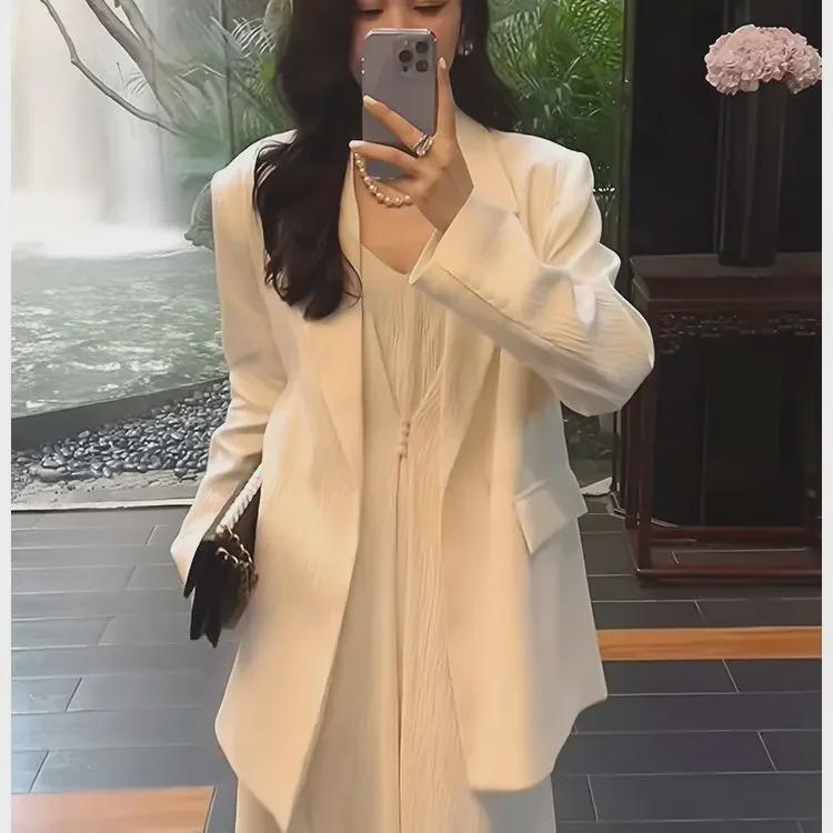 Costum de două piese pentru femei, mărime mare: Fustă lungă cu bretele și sacou pentru primăvară/toamnă