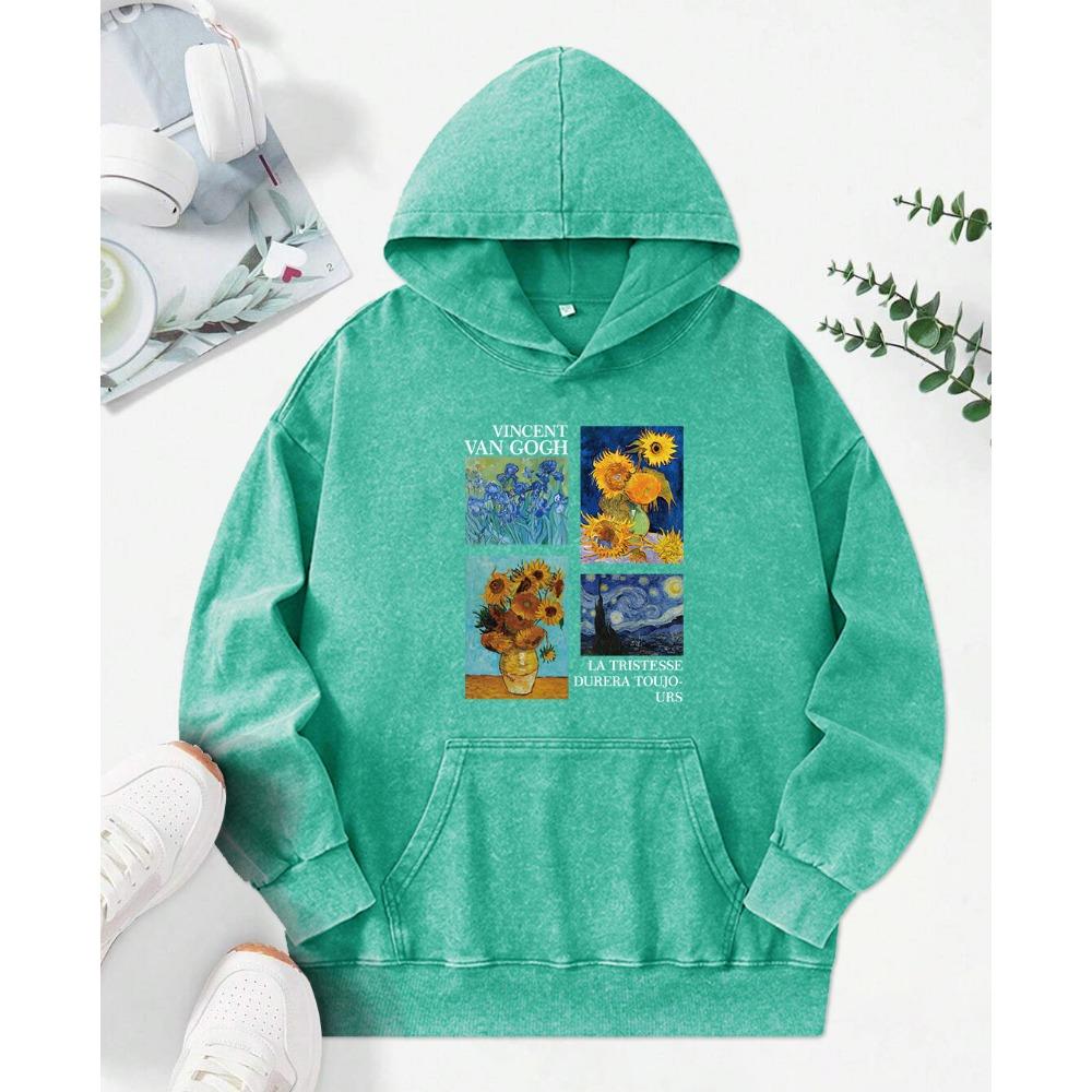 Kreativní tisk olejomalby slunečnice Dámská praná mikina s kapucí Podzimní bavlněné mikiny Volný střih s kapsou Módní pulovr