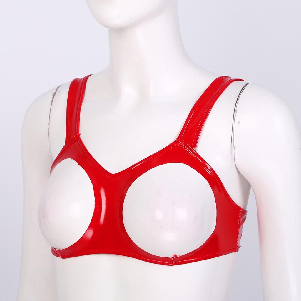 Womens Wet Look PVC Leather Bralette Wireless Bikini Bra Tops Nightwear Tank Crop Tops
