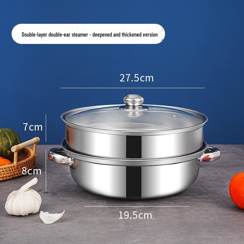 Stainless Steel Double-Layer 28cm Steamer Pot with Handles - Large Capacity for Soups & Hot Pots