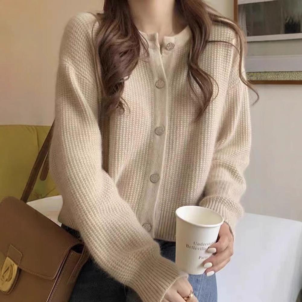 European Women's Pure Wool Round Neck Cardigan - Autumn/Winter High-End Loose Knit Sweater