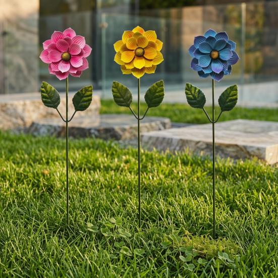 3 Pcs 15.5'' Flower Garden Stakes Colorful Metal Flower Yard Art Outdoor Rust Proof Plant Sticks for Lawn Patio Pathway Decoration