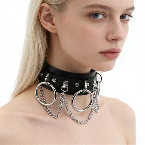 Unisex European Punk Black Leather Choker with Metal Chain and Lock Pendant.