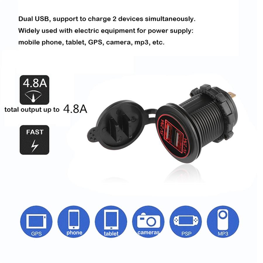 12V Waterproof Dual 2.4A USB Charger Socket for Motorcycles
