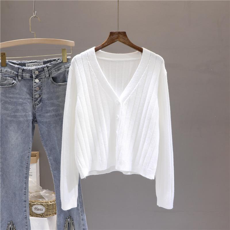 

Весенне-осенний короткий комплект, свободный свитер с длинным рукавом и V-образным вырезом, вязаный свитер, тонкий кардиган-пальто, женский топ One Size белый