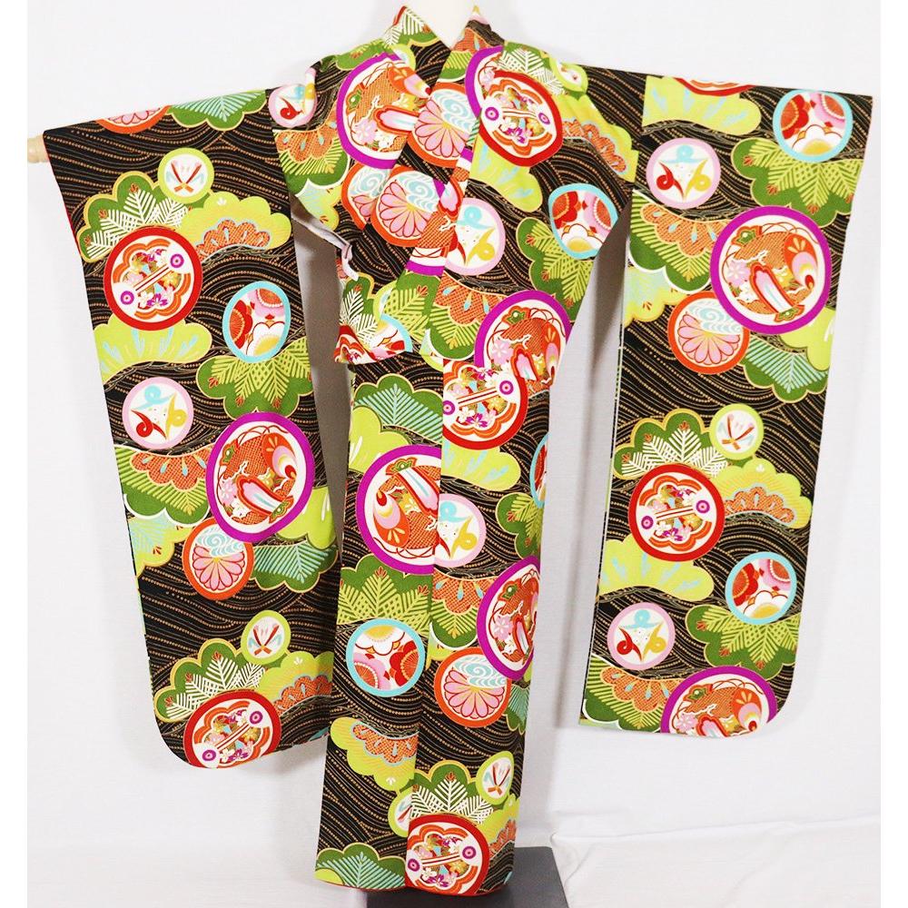 

Special sale item Retro-style furisode, sash, high-quality synthetic fiber, black, green, full of treasures, three plums, three wild geese, round