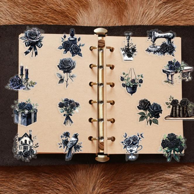 50 ks Tmavě Estetické Černé Růže Samolepky - Goth Styl Vintage Květinové Samolepky Pro Bullet Journal, Láhev na Vodu, Telefon, Kindle, Plánovač, Výrobu Karet