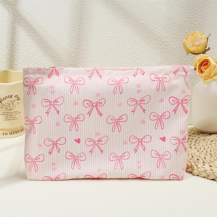 Bowknot Cherry Pattern Cosmetic Bag Corduroy Zipper Makeup Organizer Lightweight Travel Sweet Cosmetic Storage Bag For Women