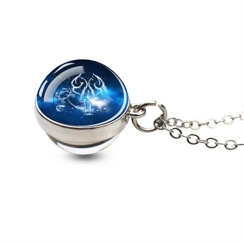 12 Constellations Double Side Glass Ball Silver Plated Necklace Jewelry Pendant Accessories Women Birthday Gift