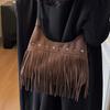 Retro Frosted Suede Tassel One Shoulder Bag Women Autumn Winter Vintage Rivet Zipper Large Capacity All-Match Crossbody Bags