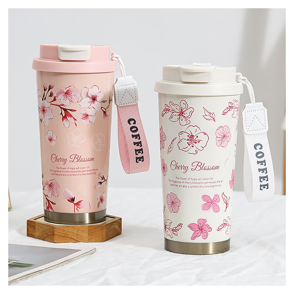 Cute floral-patterned thermos tumbler, vacuum insulated, stainless steel, leak-proof, keeps drinks hot or cold, can be used with a straw or directly
