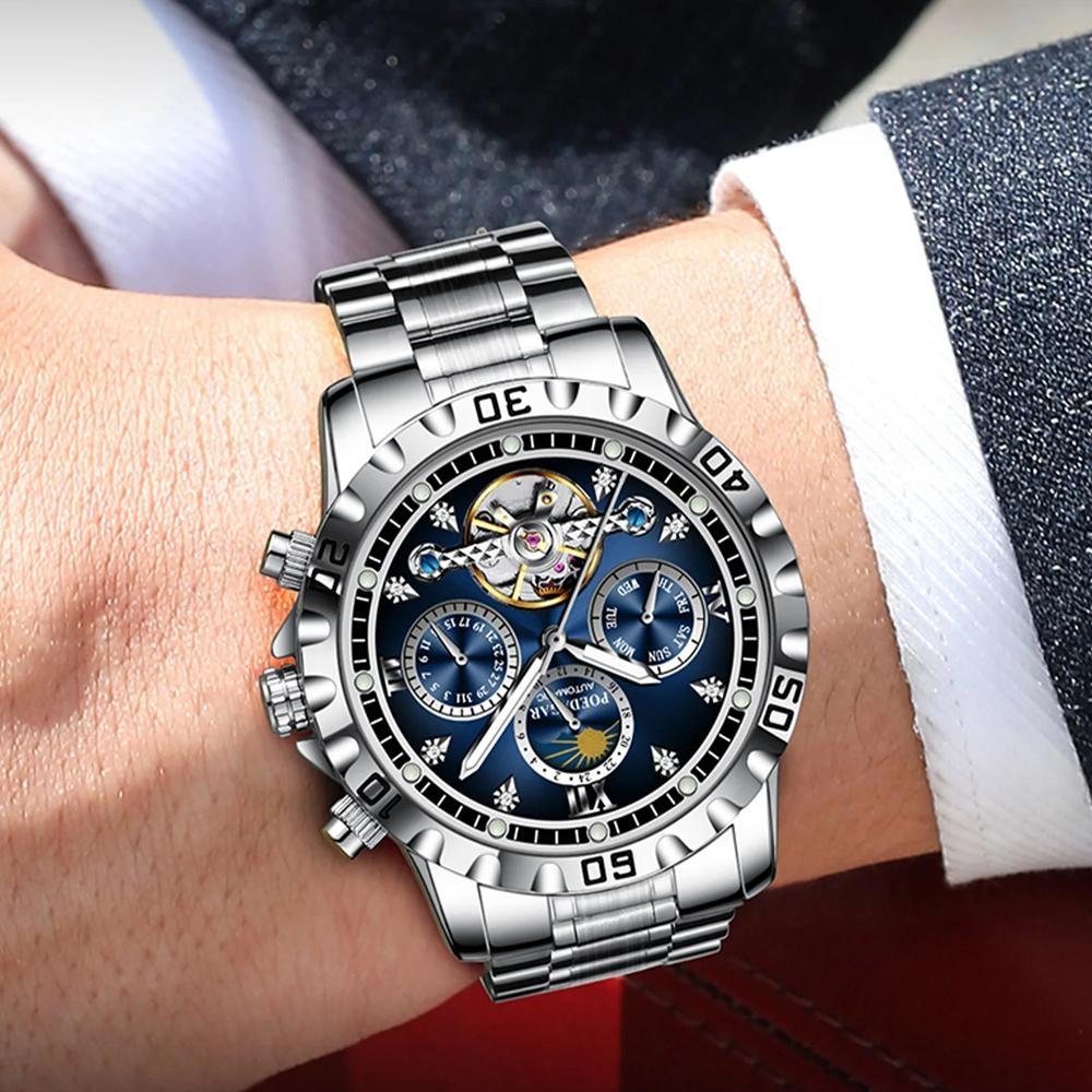 POEDAGAR Militärischer Luxus Herrenuhr Mechanische Wasserdichte Uhr Skelett Tourbillon Automatik Edelstahl Uhren