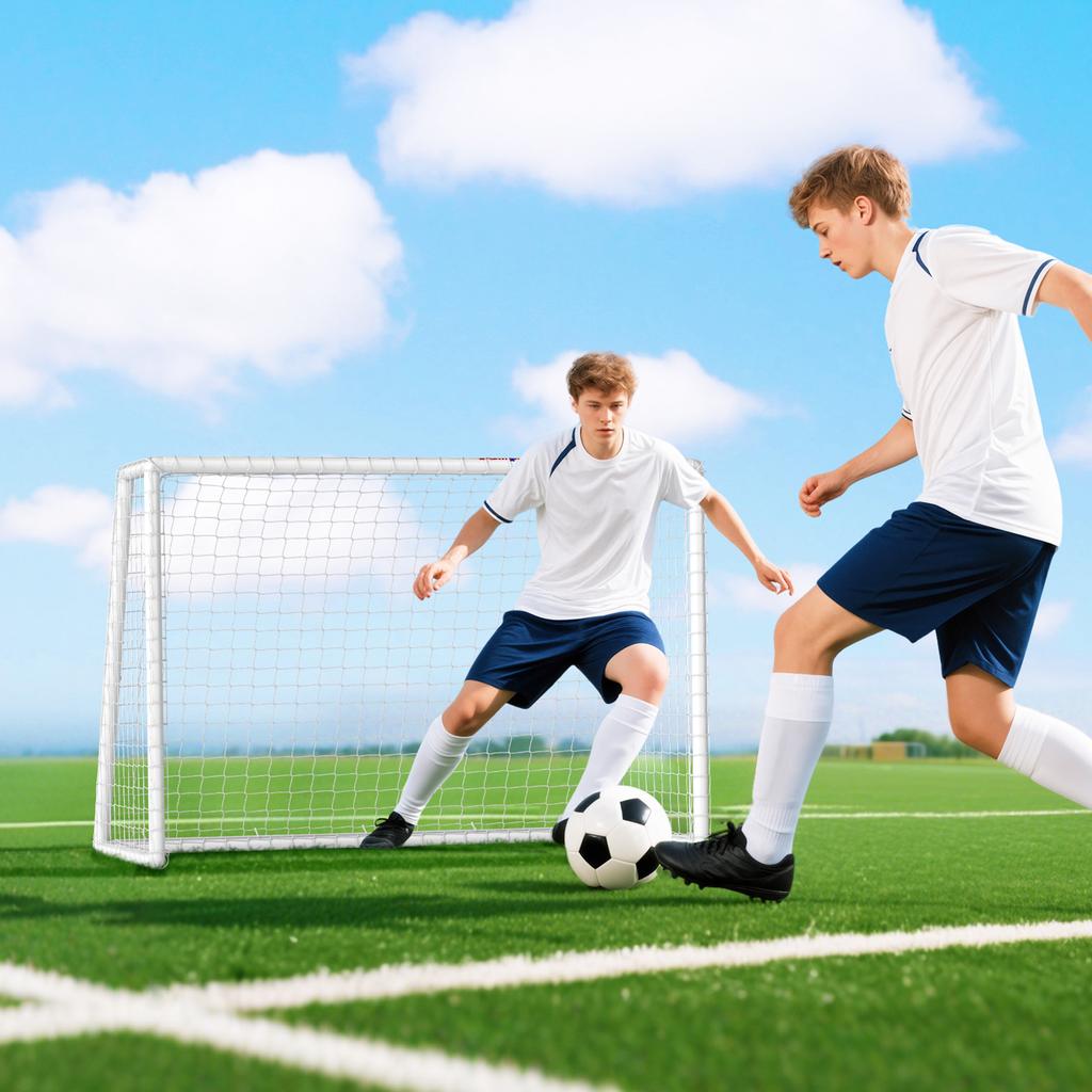 Football goal, sturdy net, plastic frame, pegs, 180L x 92W x 124H cm, white