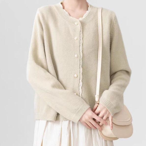 

Мягкий и Ароматный Стильный Вязаный Кардиган на Осень 2025, Новая Приталенная Куртка-Свитер Длиной до Плеч, Нежный Топ с Кружевной Отделкой абрикосовый