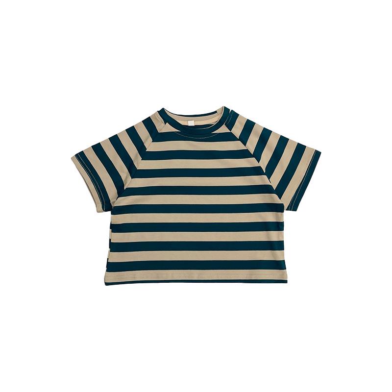 Korean Kids Cotton Striped Summer Loose T-Shirt - Unisex Short Sleeve Raglan 80 cm