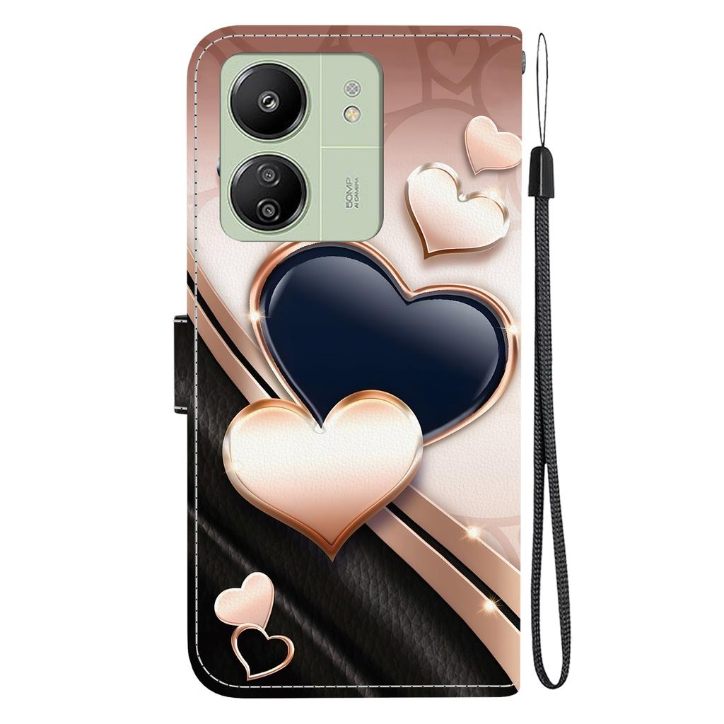 Handgefertigte PU-Leder-Klapphülle für Xiaomi Redmi 13C 5G / Redmi 13C (4G) Rutschfeste Stoßfeste Hülle mit Handschlaufe & Herz/Rose Katze Designs