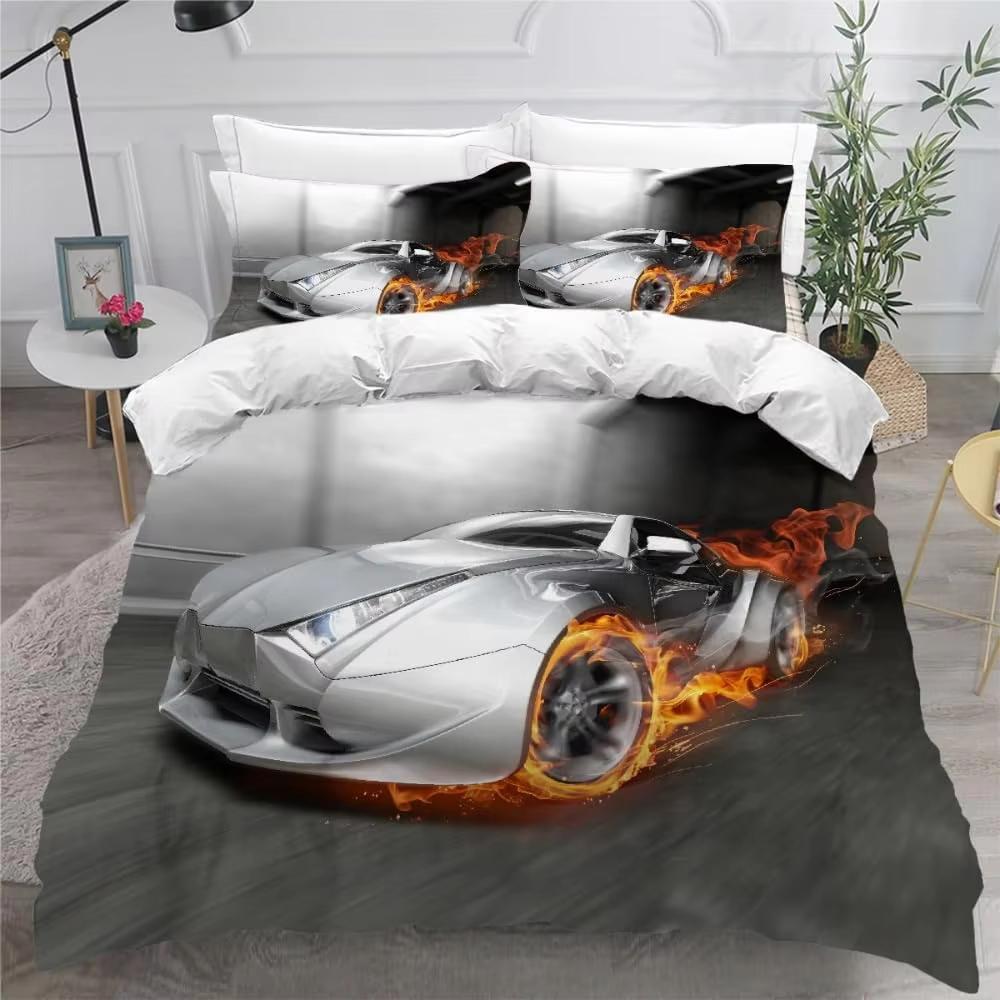 Racing Car Decor Bedding Set Soft Comforter Cover For Adult Teens,3D Sports Car Quilt Covers With Zipper Closure And Pillowcases