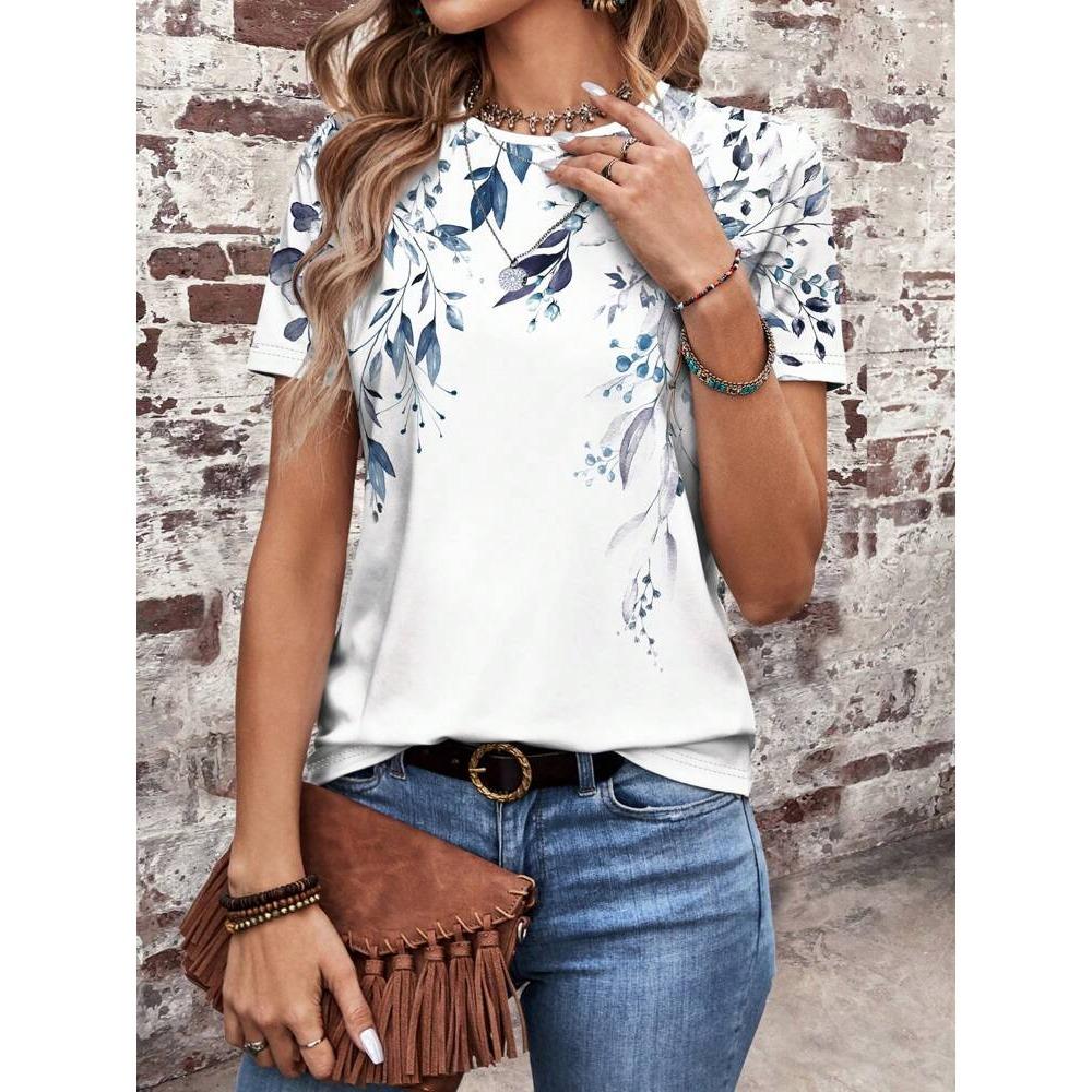 Damen T-Shirt Sommer Blumenzweig Muster Kurzarm Mode Sexy Mädchen Kleidung Y2k Print Tees Casual Wowen's Kleidung
