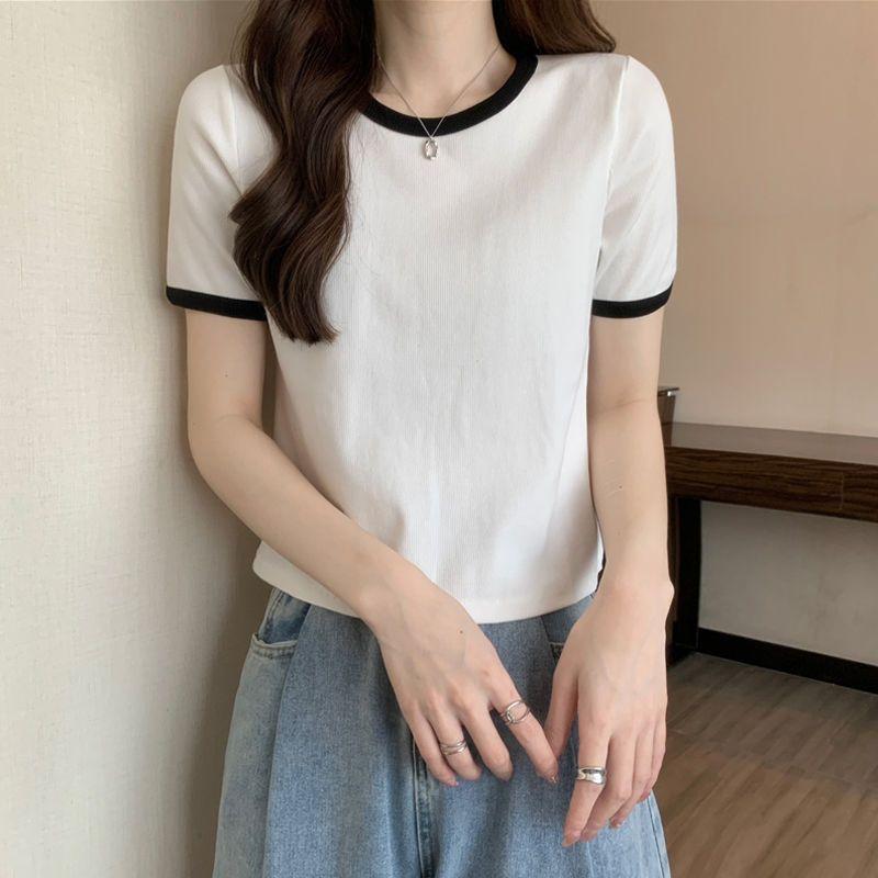 O Neck Knit Crop Top Frauen Sommer Casual T Shirt Grundlegende Sexy Streetwear Kurzarm Tops