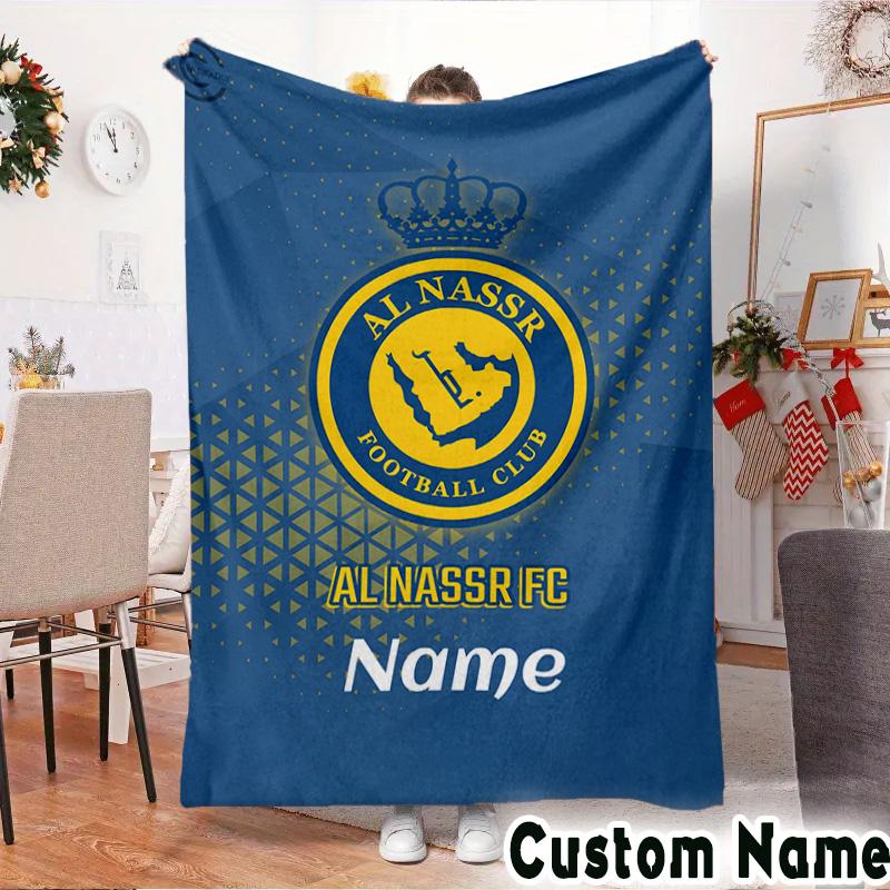 Custom Name Nassr FC Crest Throws Blanket Flannel Blankets for Couch Bed Gifts for Men Women Picnic blanket Christmas fan gifts