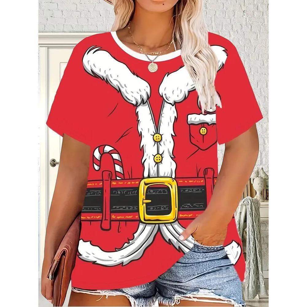 Summer Large Loose Christmas Santa Claus 3D Printed Women's T-shirt Fashionable Casual Comfortable Breathable Short Sleeved Round Neck T-shirt