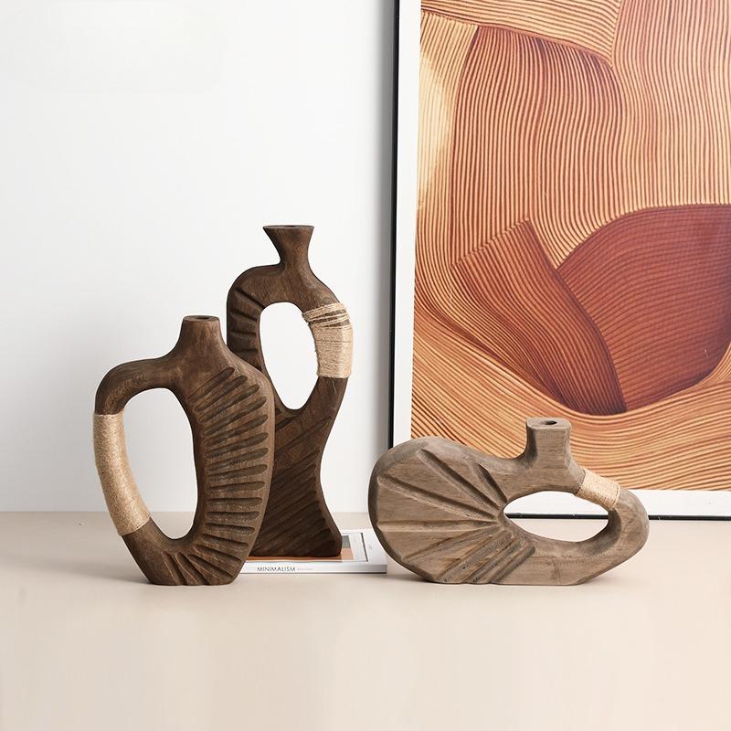 Handmade Wooden Vase Abstract Hollowed-out Natural Wood Flower Vase Flower Arrangement Accessories Hemp Rope Home Decoration