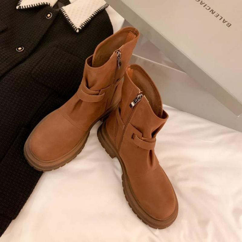 New women's leather boots leather large size women's boots cowhide rubber thick-soled non-slip low boots autumn and winter Martin boots women